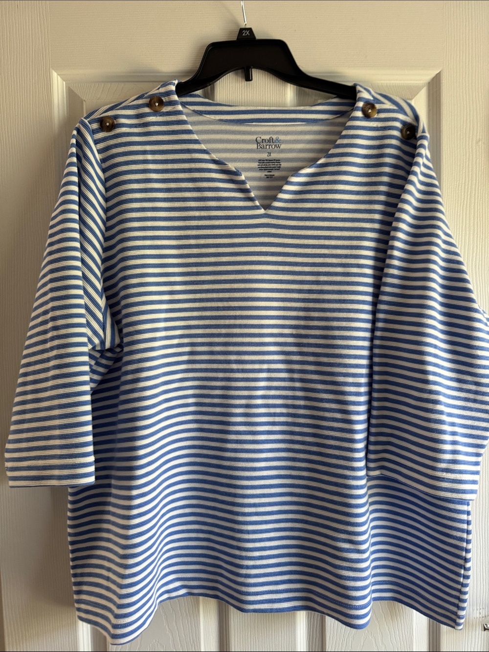 croft & barrow Blue and White Striped V-Notch Boatneck Top with Button Accents